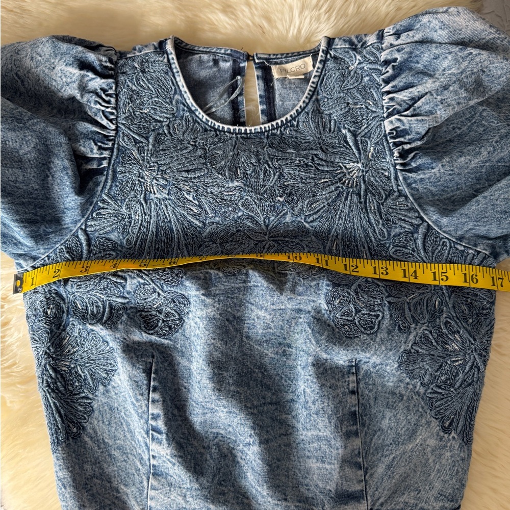 Pilcro Blue Embroidered Puff-Sleeve Denim Crop Top - Picture 12 of 16